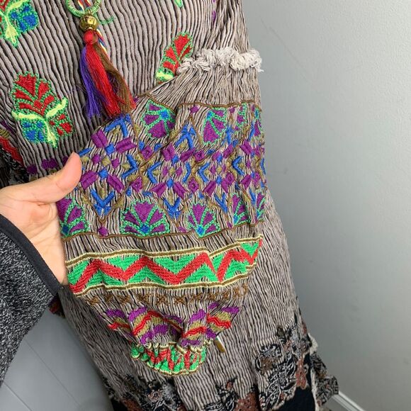 Anthropologie Raga Boho Embroidered Maxi Dress Peasant Floral Tassel Cottagecore - Picture 4 of 7